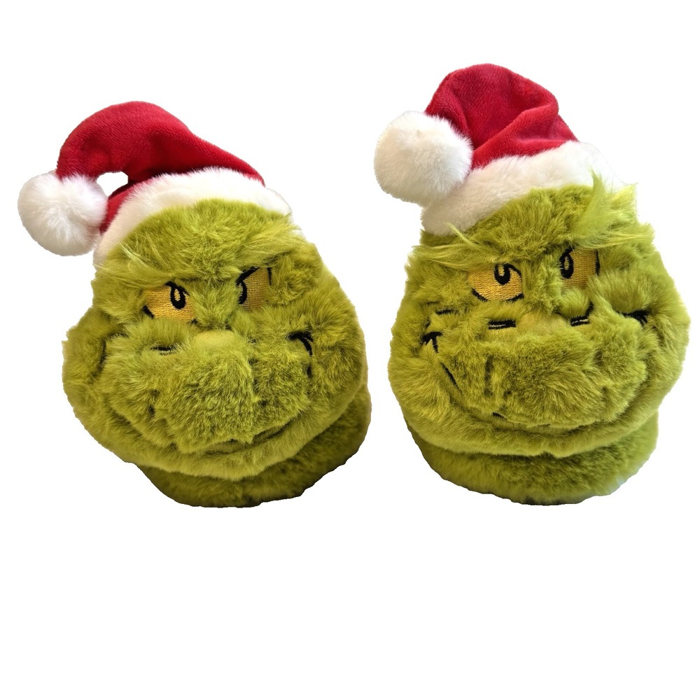 Dr Seuss Grinch Santa Plush Slipper Slip On Shoe Unisex Kids US M 11 12 Xmas Pom